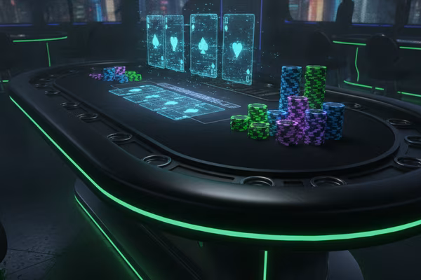 Code Poker — holografiske kort over mørkt pokerbord