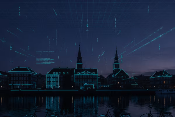 Copenhagen Cipher — Københavns silhuet med digitalt gitter