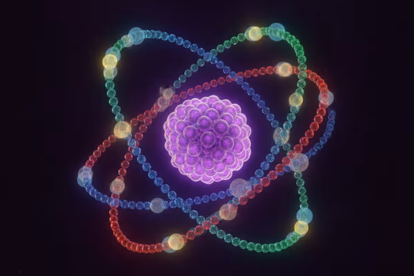 Quantum Code — atom med farvede pinde som elektroner
